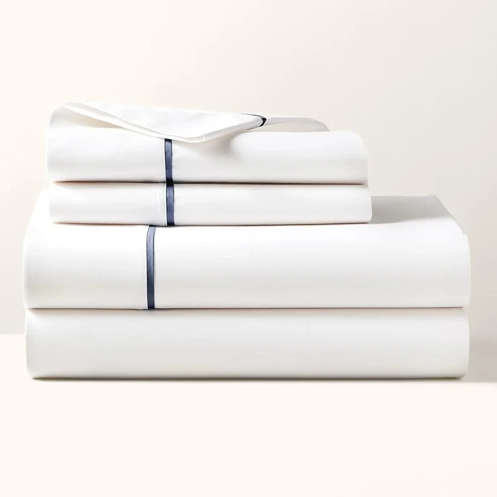 Ralph Lauren‎ Palmer Percale Queen Flat Sheet Polo Navy Trim Organic Cotton NEW